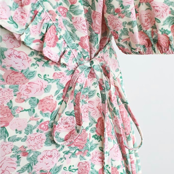 Pink Floral Ruffle Trim Wrap Midi Dress - Picture 3 of 8